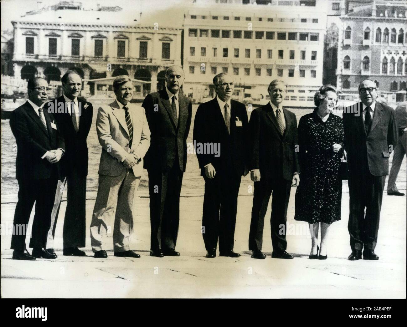 Jun. 24, 1980 - Venice, Italy - The 6th G7 Economic Summit Meeting was held in Venice from June 22-23 and attended by leaders from around the world. Leaders pose for a photograph with views of Venice in the background, from left, Japan's Foreign Minister SABURO OKITA, Prime Minister of Canada PIERRE ELLIOTT TRUDEAU, West Germany's Chancellor HELMUT SCHMIDT, French President GISCARD D'ESTAING, Italy's Council President FRANCESCO COSSIGA, American President JIMMY CARTER, Britain's Prime Minister MARGARET THATCHER, and President of the European Commission ROY JENKINS. (Credit Image: © Keystone Pr Stock Photo