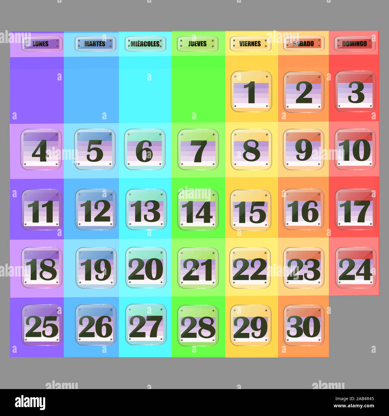 Colorful calendar for December 2019 in spanish Set of buttons with Colorful calendar for December 2019 in spanish Set of buttons with