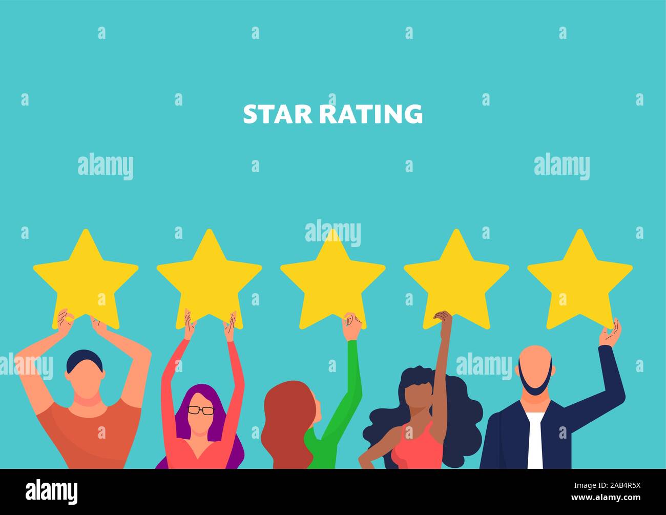Customer feedback concept art, many people hold yellow rating stars