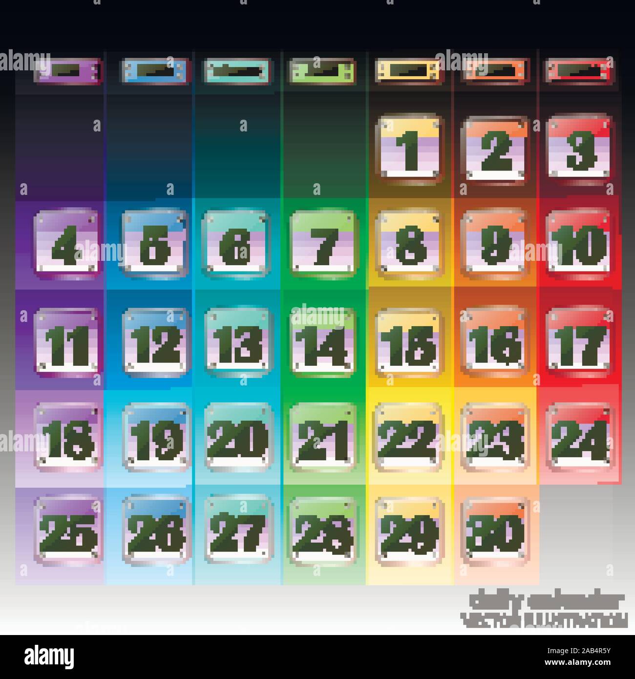 Colorful calendar for November 2019 in spanish. Set of buttons with calendar dates for the month of November. For planning important days. Banners for holidays and special days. Vector illustration. Stock Vector