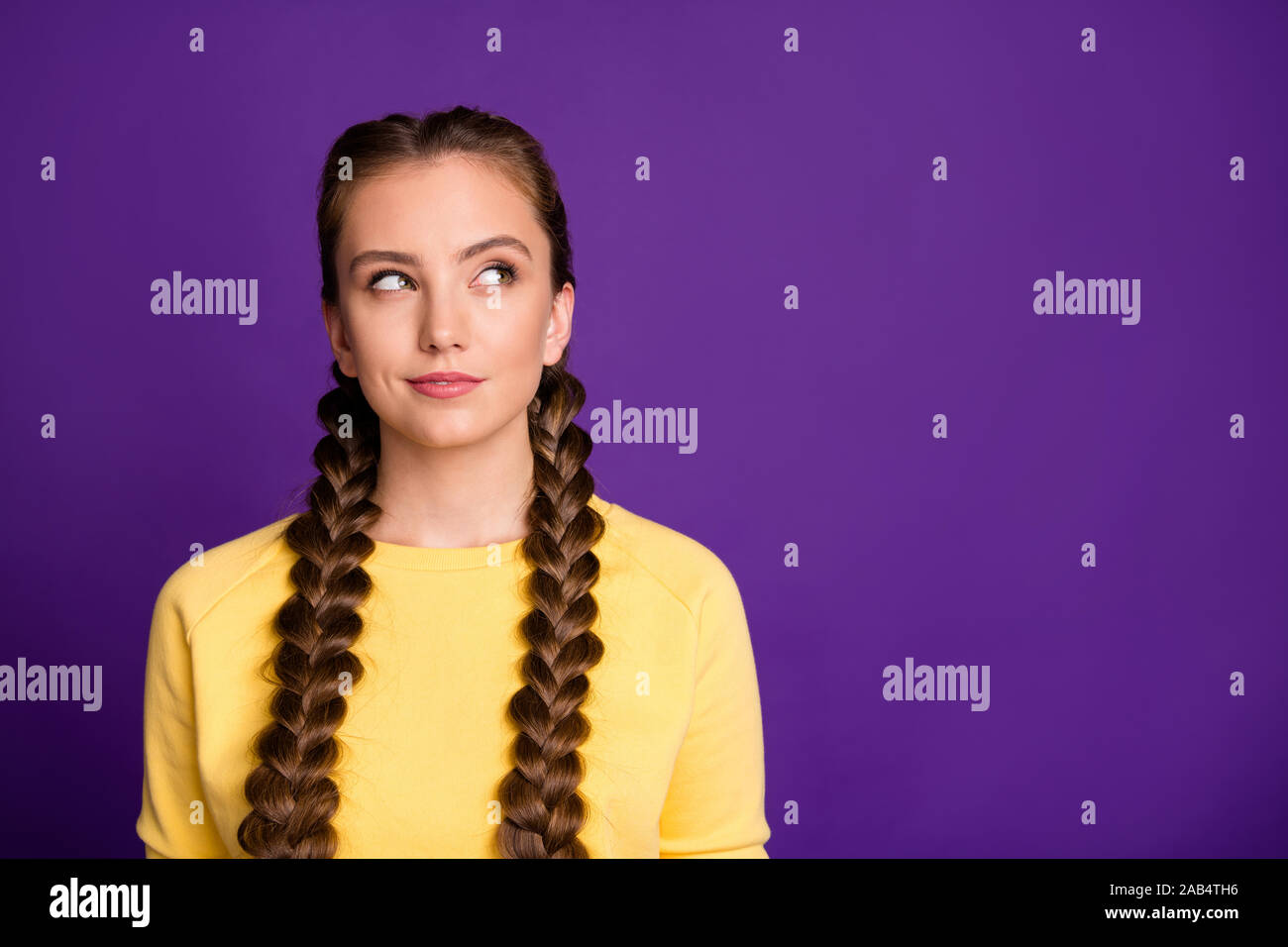 Photo Of Tricky Mood Lady Long Braids Hairdo Looking Cunning Empty