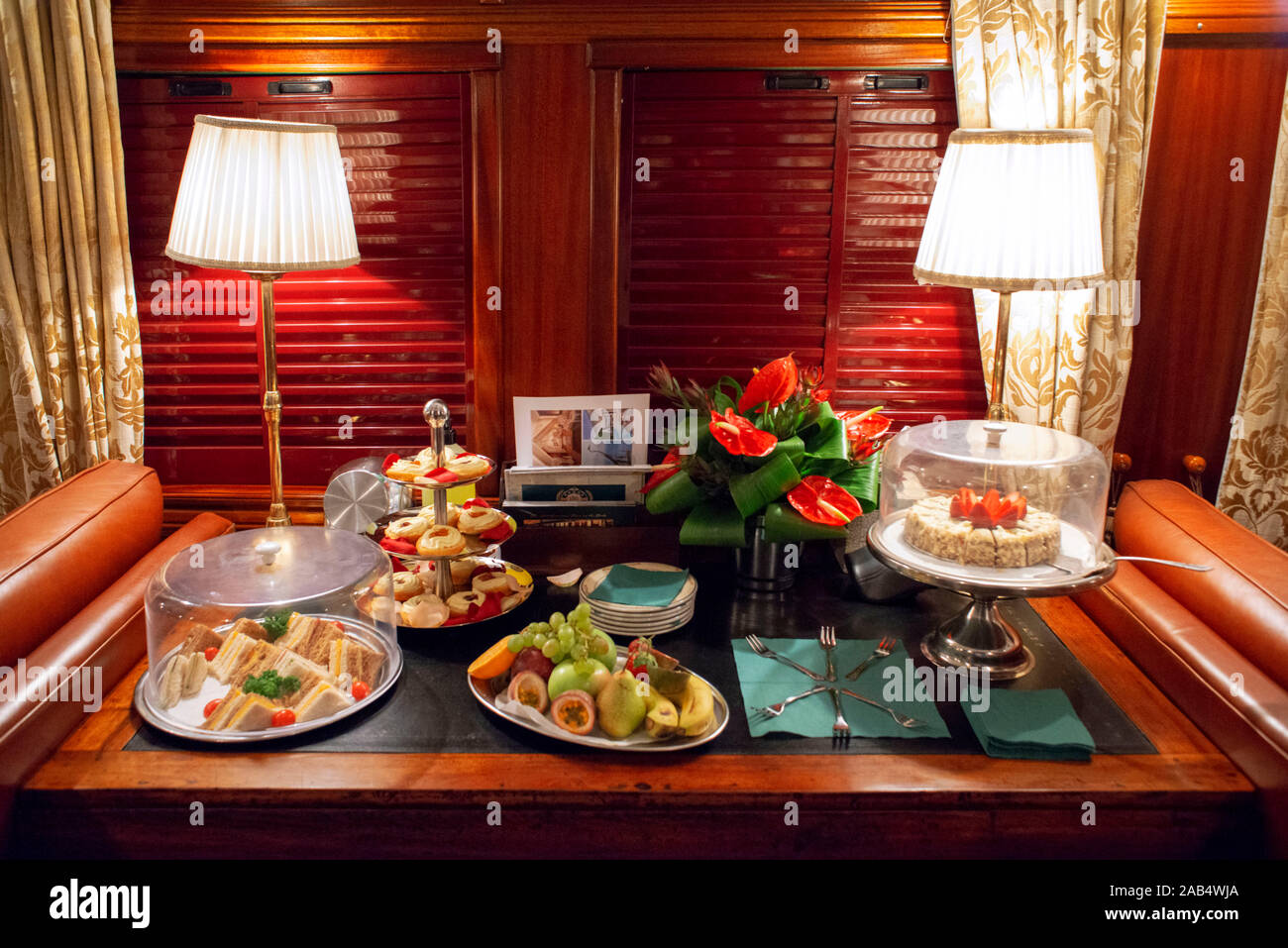 Buffet car of The Rovos Rail luxury train travelling between Cape Town