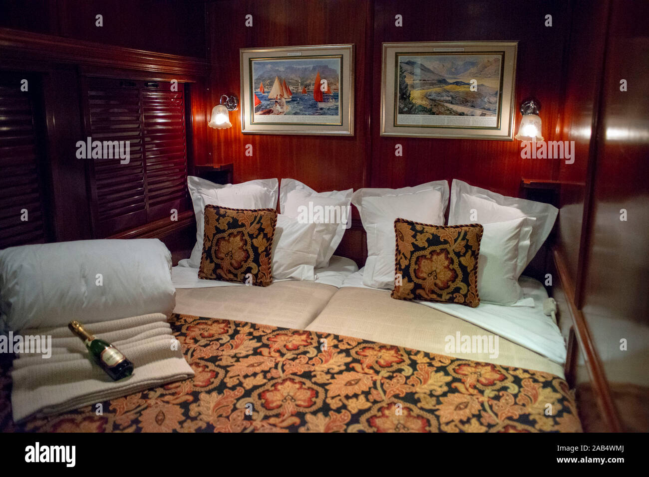 Inside a cabin of the The Rovos Rail luxury train travelling between ...