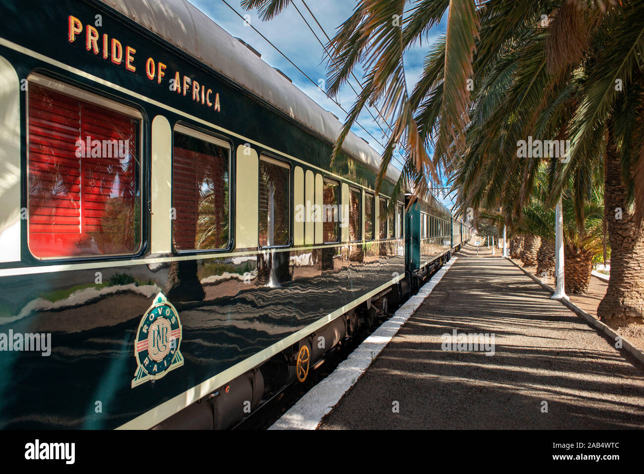 The Rovos Rail luxury train travelling between Cape Town and Pretoria in South Africa  Matjiesfontein station Pride of Africa beautifully rebuilt Clas Stock Photo