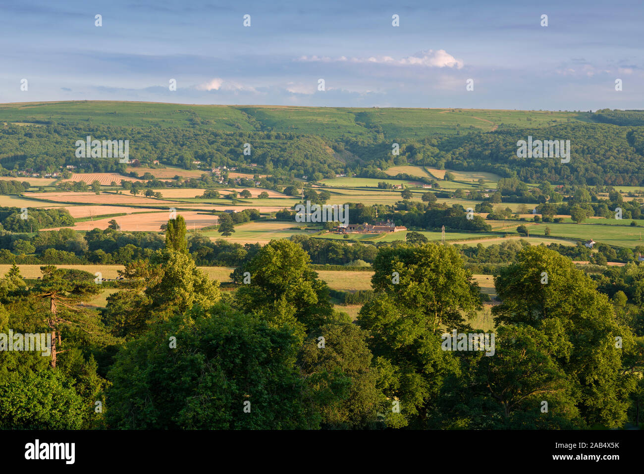 A summer evening view from Old Hill over the Wrington Vale towards the Mendip Hills. North Somerset, England. Stock Photo