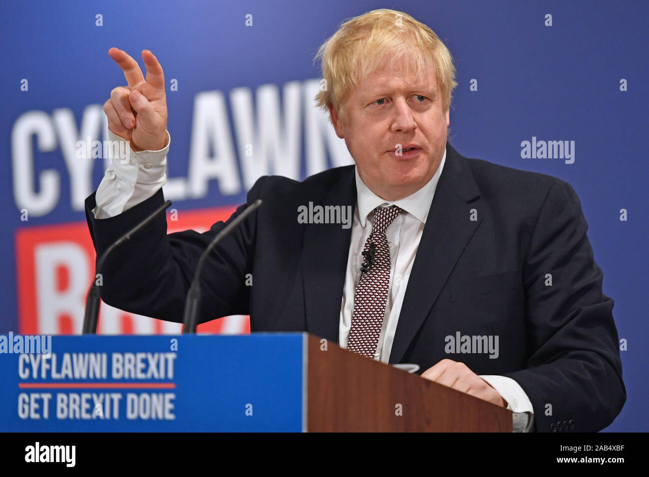 Prime Minister Boris Johnson at the launch of the Conservative Party Welsh manifesto in Wrexham whilst on the General Election campaign trail. Stock Photo