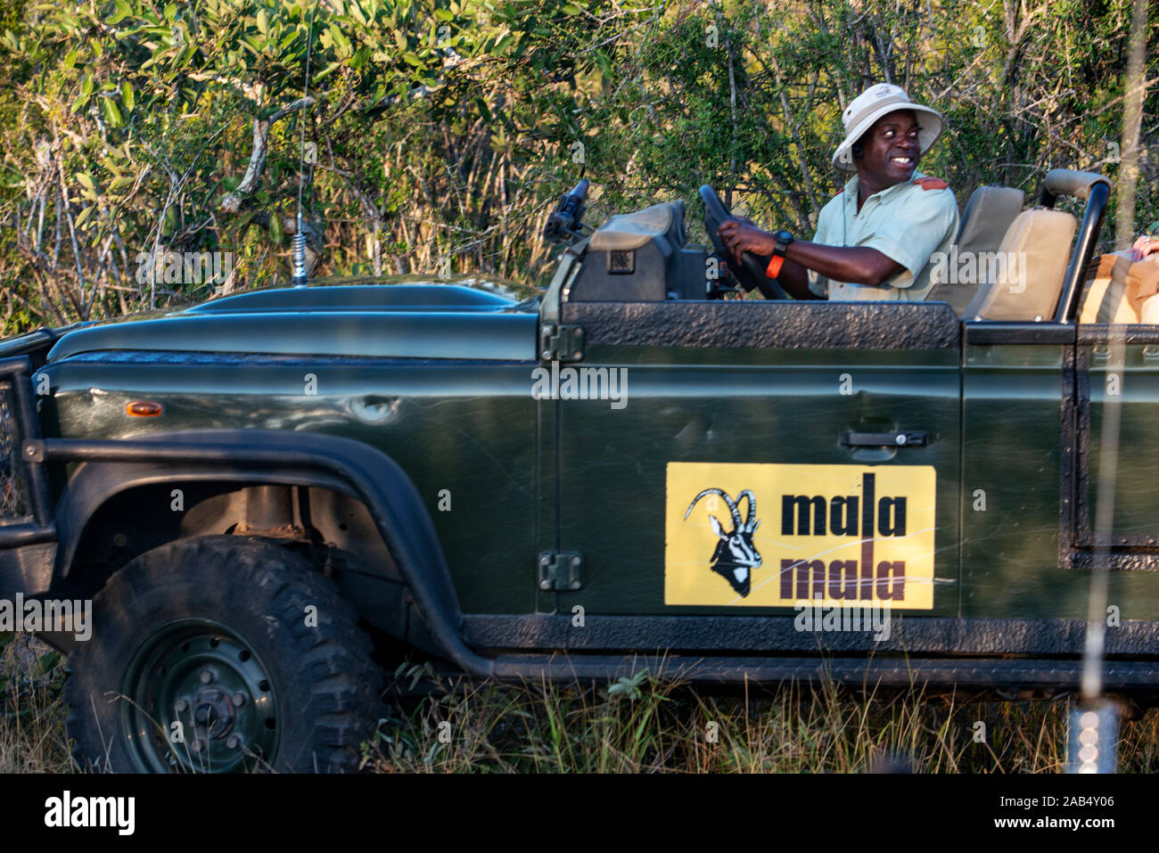 Safari car vehicle in Mala Mala Game Reserve Sabi Sand Park Kruger South Africa, Africa Stock Photo