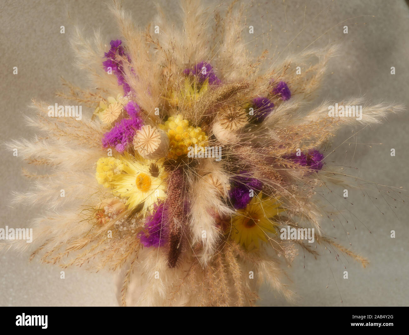 Dried flower and grass arrangement yellow and purple Stock Photo
