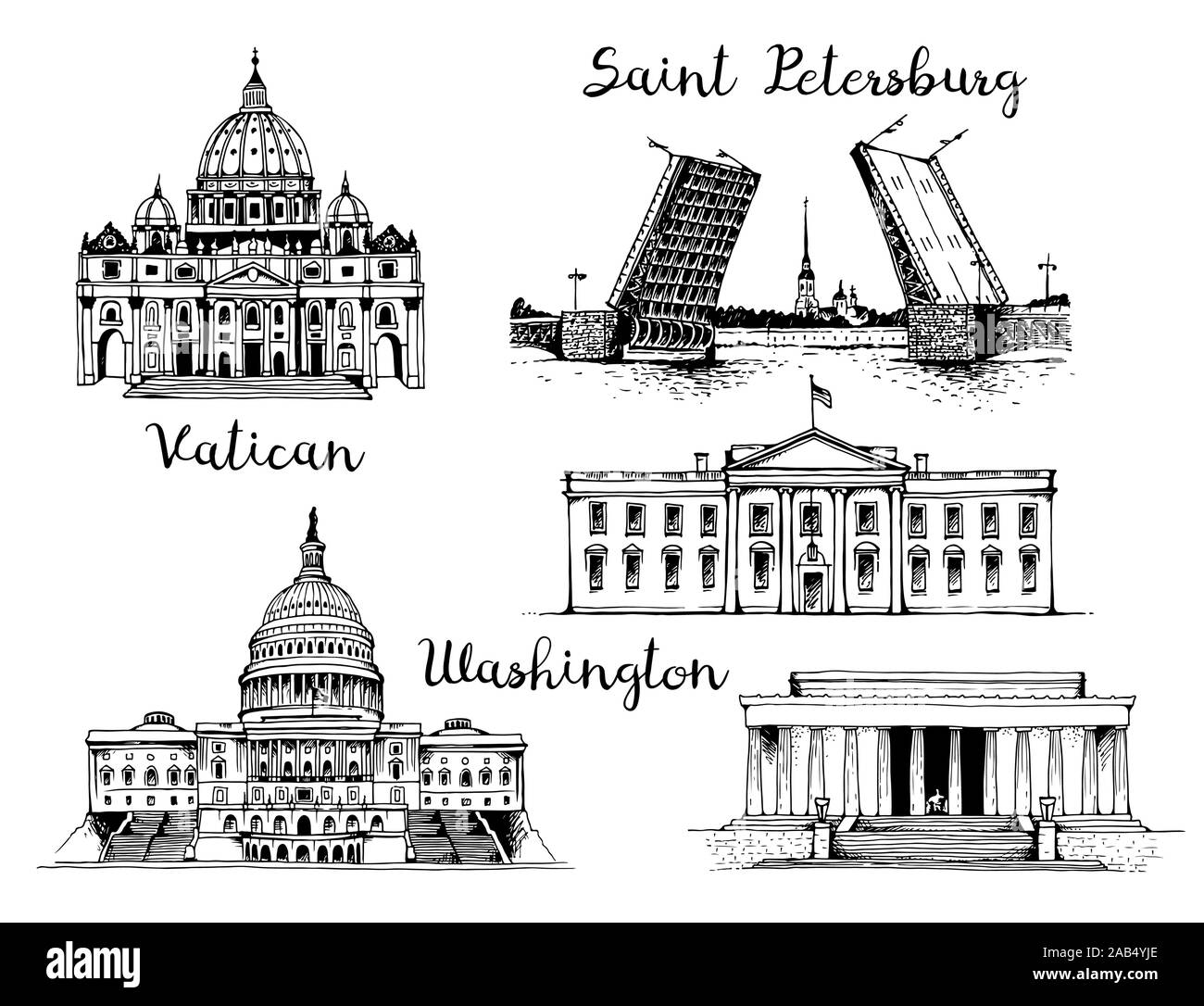 St. Peter's Basilica, Palace Bridge and Peter and Paul Fortress, United States Capitol Building, White House and Lincoln Memorial. Vector world landma Stock Vector