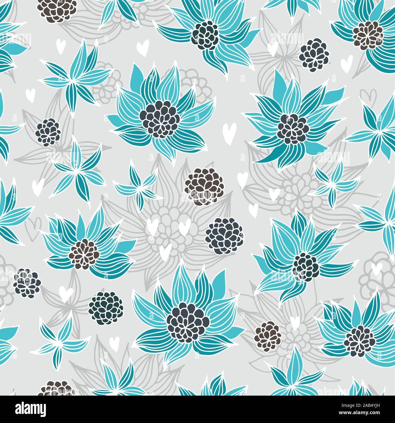 Love and flowers vector pattern, seamless floral doodles background Stock Vector