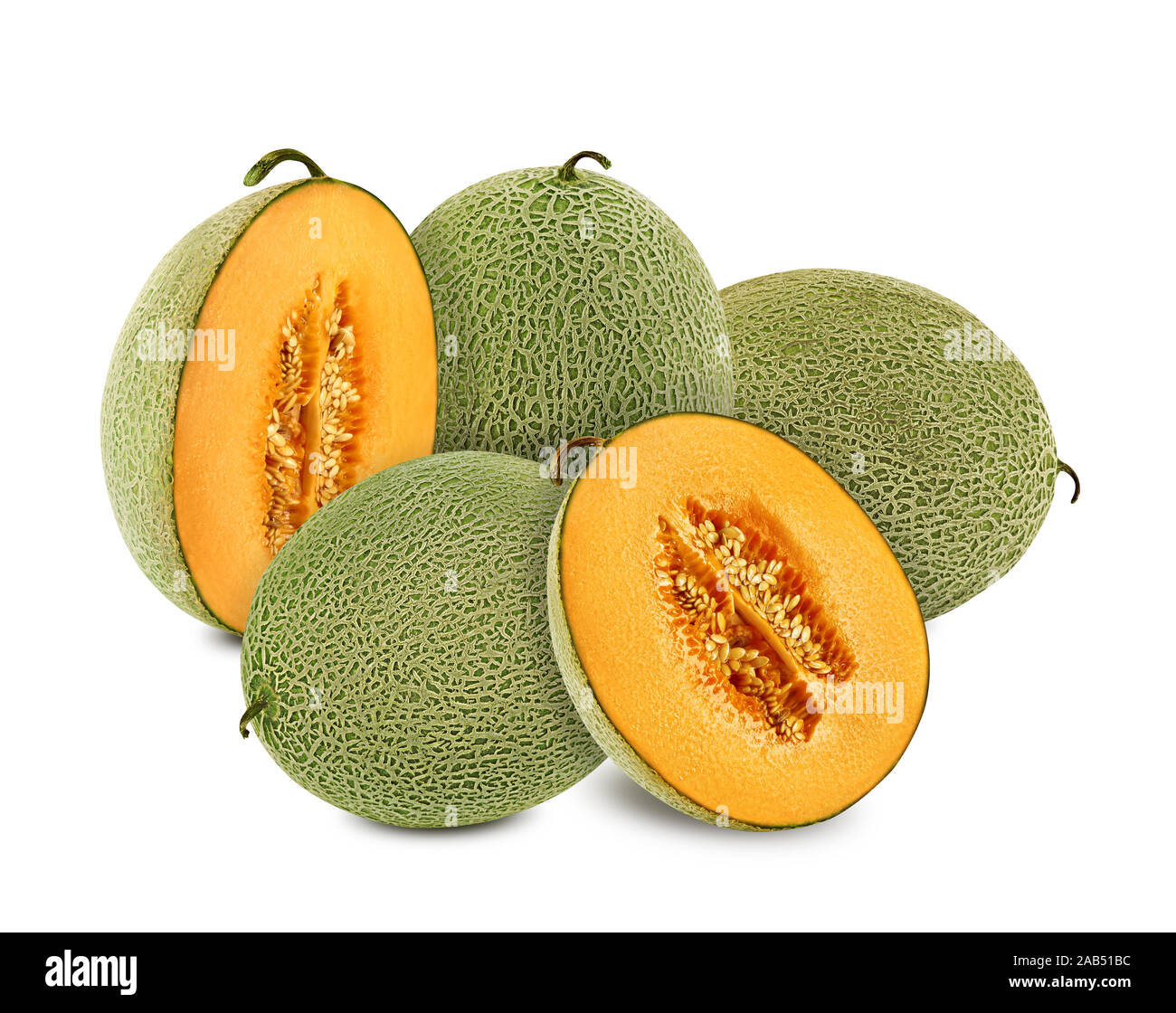 Three Melons Three cantaloupe melons and two halves in a cross-section, isolated on ...