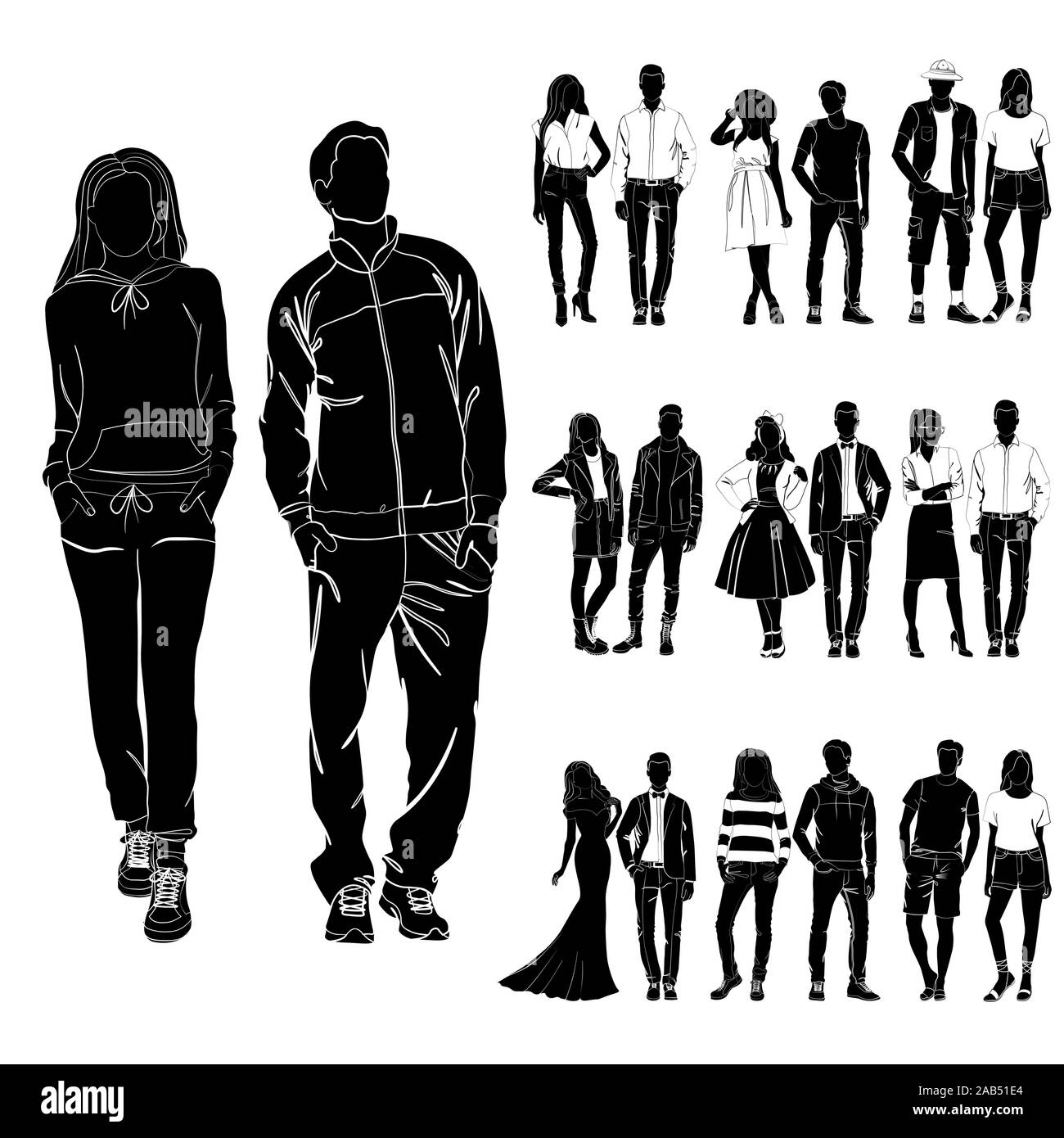 Set of trendy guys and girls vector. Fashionable man and woman vector