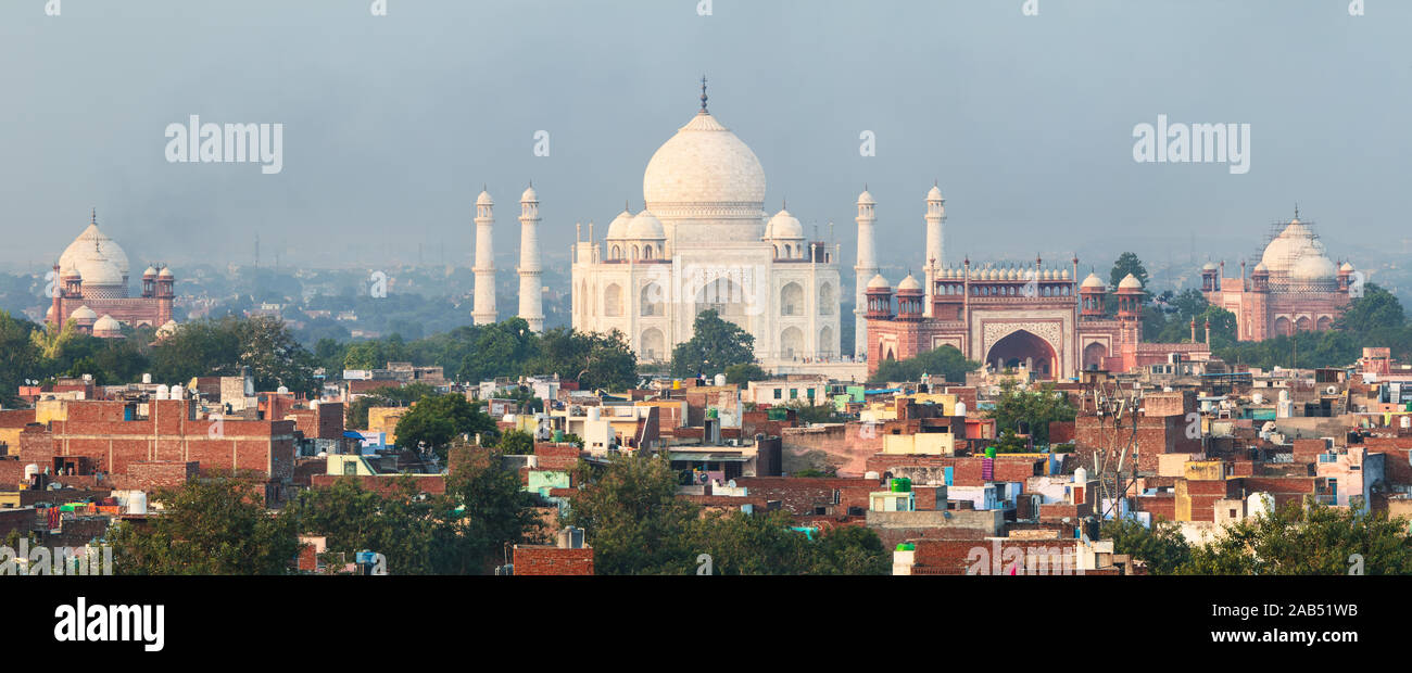 A panoramic image of the Taj Mahal from roughly 1.5km away. Stock Photo