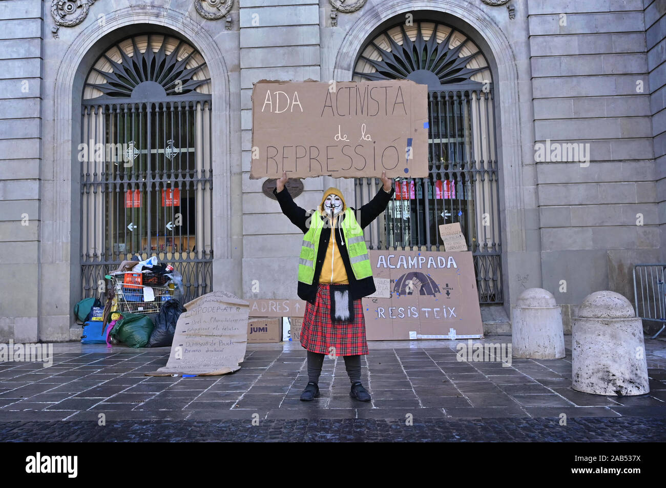 activist outside old city hall Barcelona Stock Photo