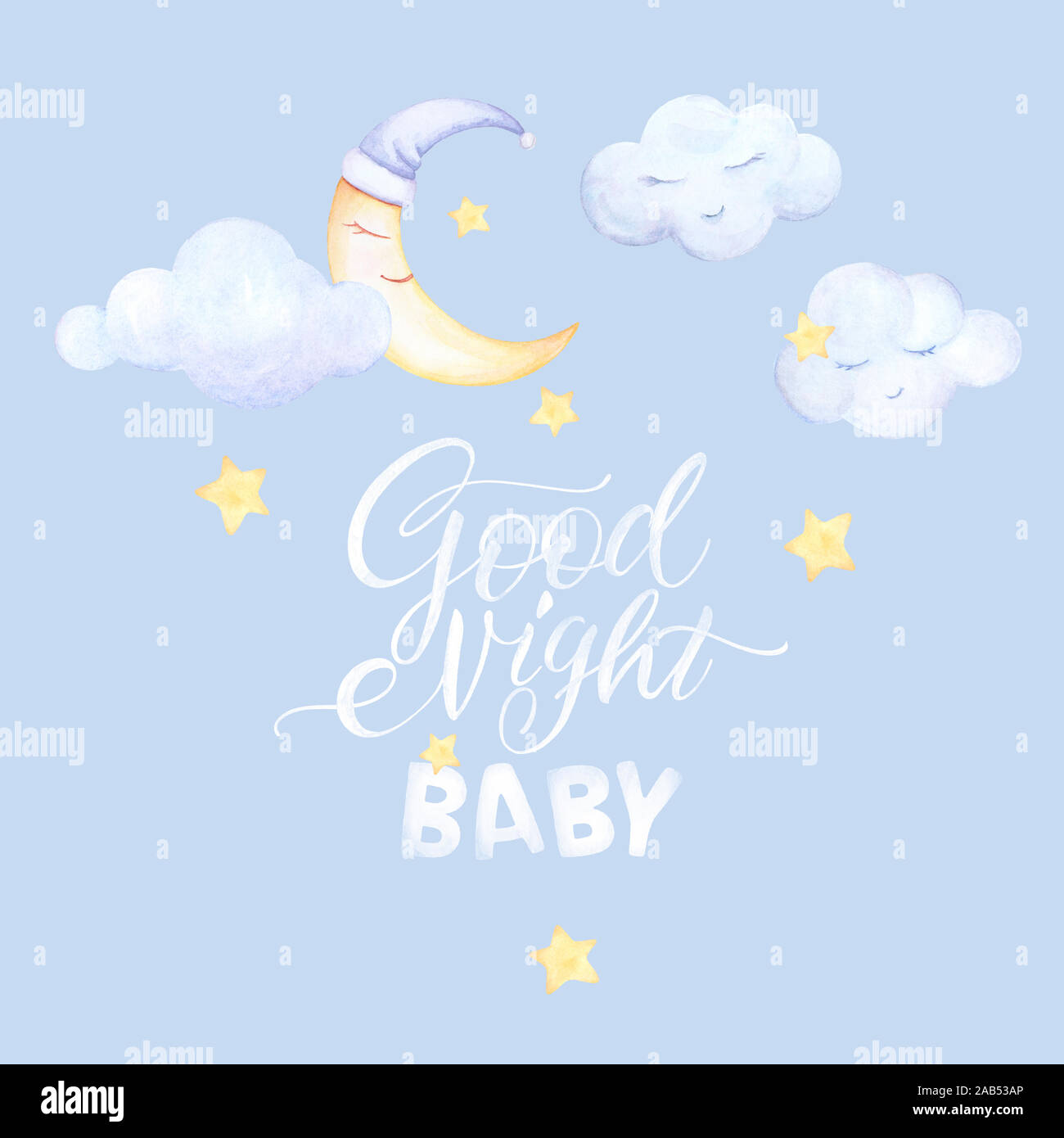 Kids prints. Good night Baby. Lettering. Moon sleep, clouds, stars. Pre-made composition. Watercolor. Blue background. Print quality Stock Photo