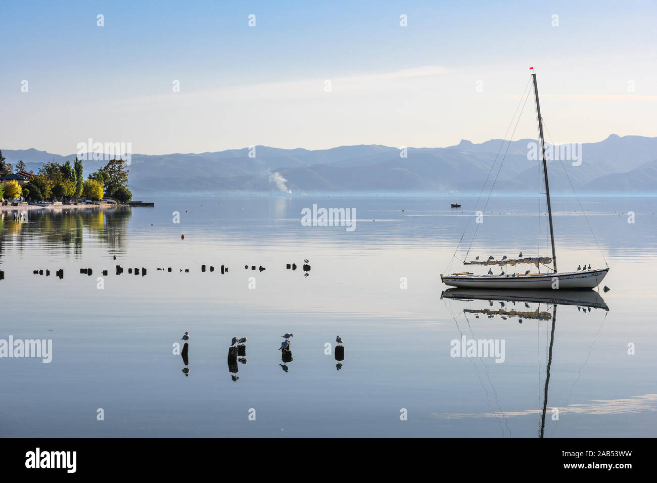 Looking across Lake Ohrid from Peshtani in North Macedonia, with Albania in the distance, North Macedonia, Europe. Stock Photo