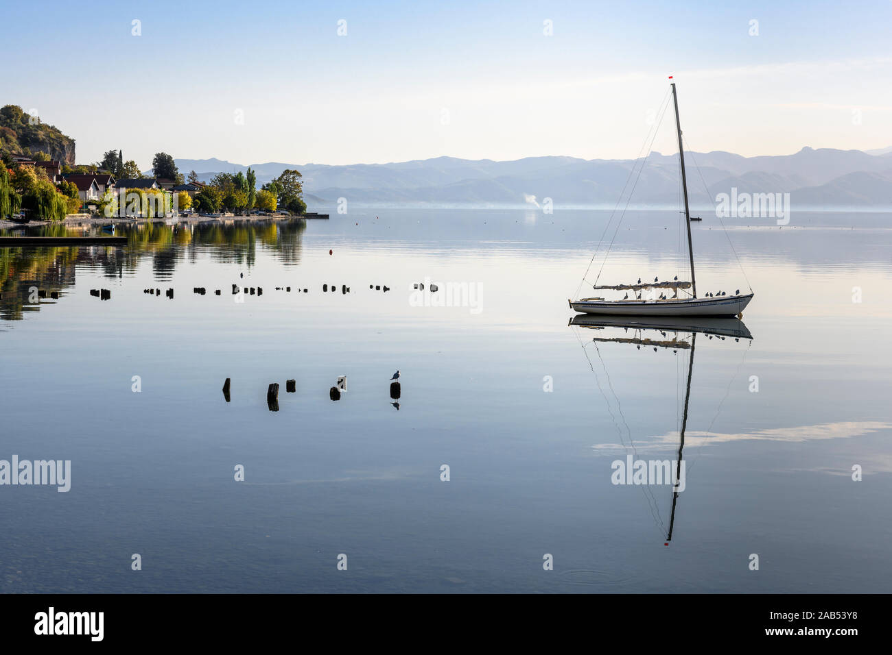 Looking across Lake Ohrid from Peshtani in North Macedonia, with Albania in the distance, North Macedonia, Europe. Stock Photo