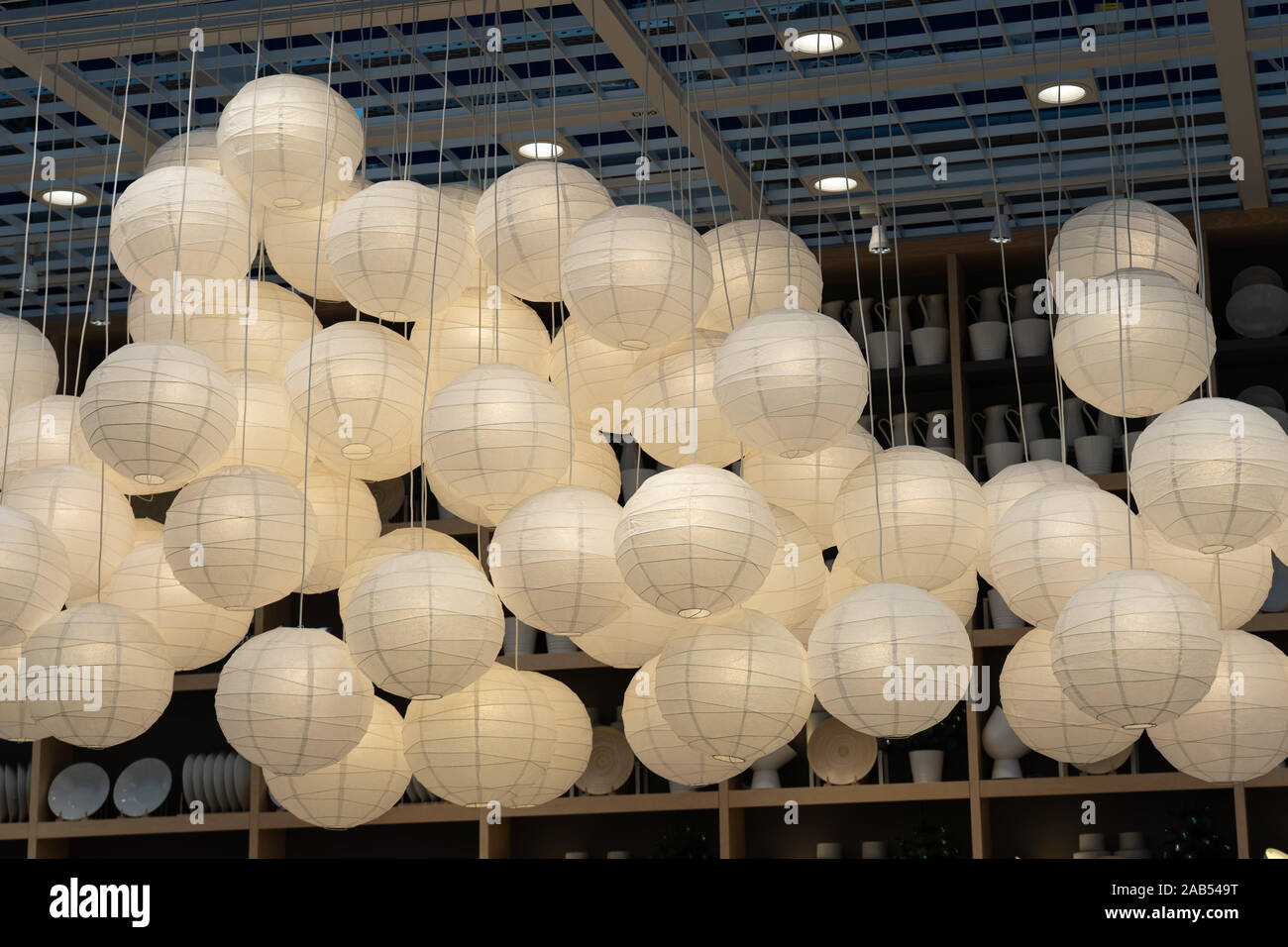 Many Paper Lanterns Lighted Paper Lanterns Inside Of Building
