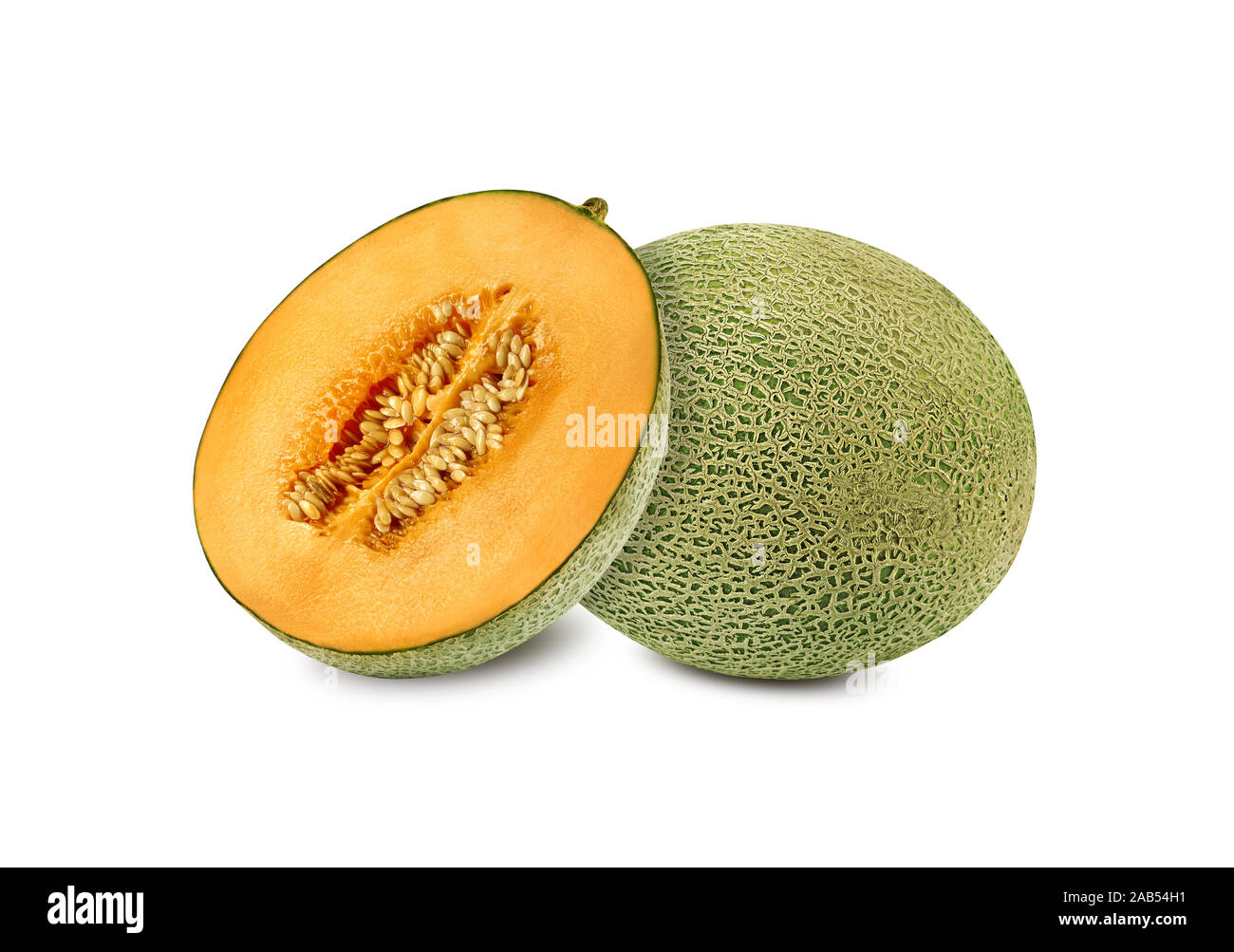 Delicious cantaloupe melon in a crosssection, isolated on white