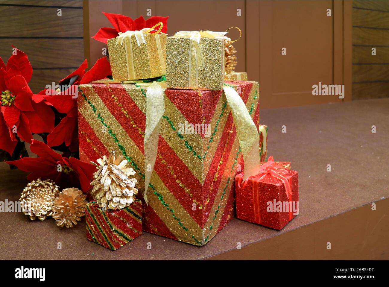 Christmas Decorations With Stack Of Big And Small Gift Boxes And
