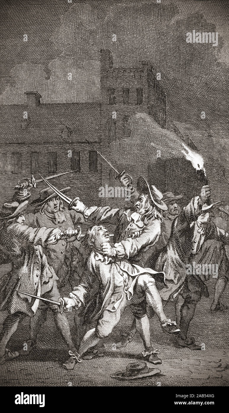 Johan de Witt defending himself against an attack during which he was wounded, on June 21, 1672.  Later the same year he and his brother Cornelis were murdered by a lynch mob.   Johan de Witt aka Jan de Witt, 1625 – 1672.  Dutch politician, Grand Pensionary of Holland.  After an 18th century work. Stock Photo