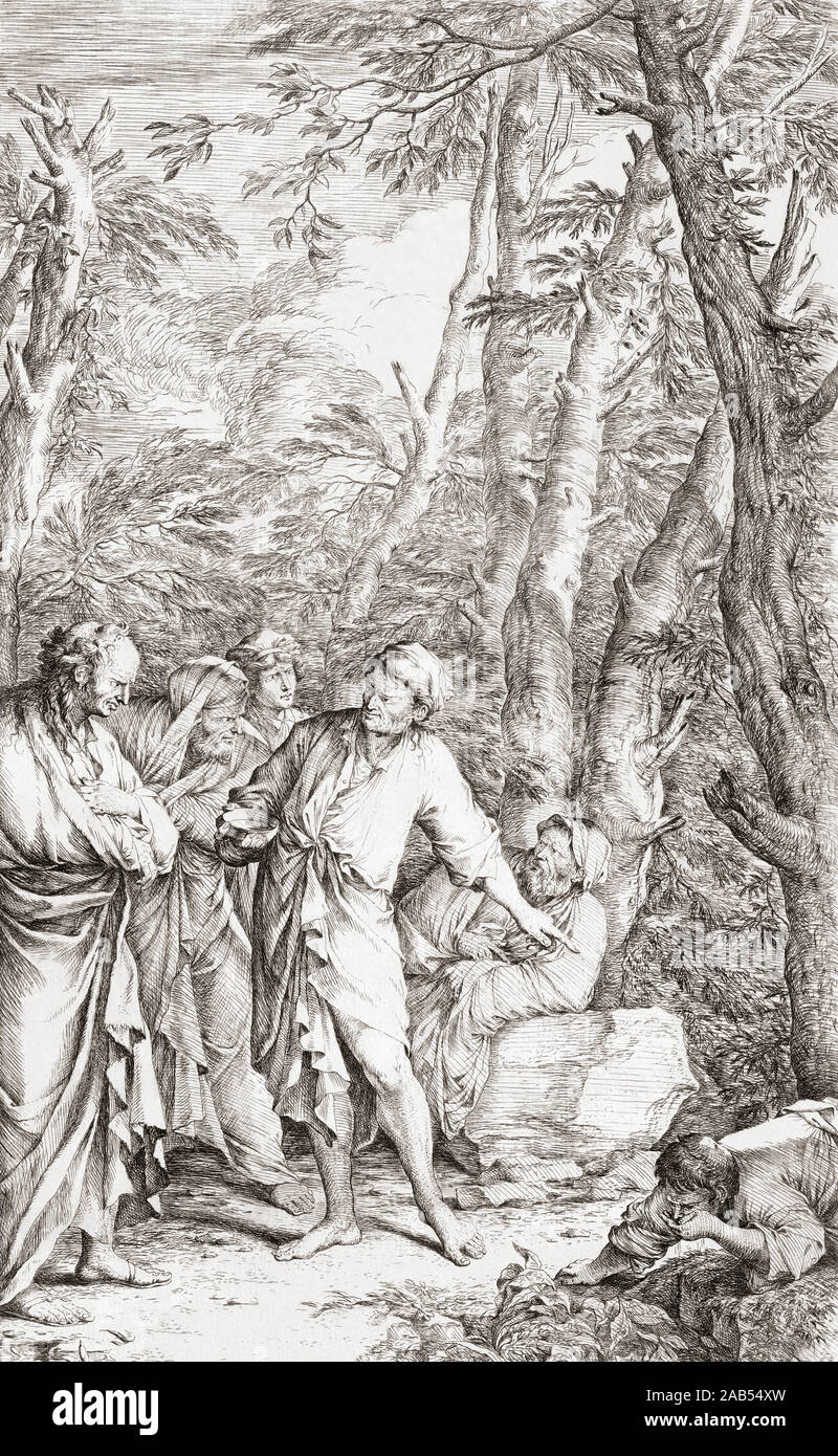 Greek philosopher Diogenes the Cynic c.400 BC -323 BC, about to throw away his cup which he considered merely an encumbrance after seeing a boy drinking from a stream using just his cupped hands.  After an engraving by Salvator Rosa. Stock Photo