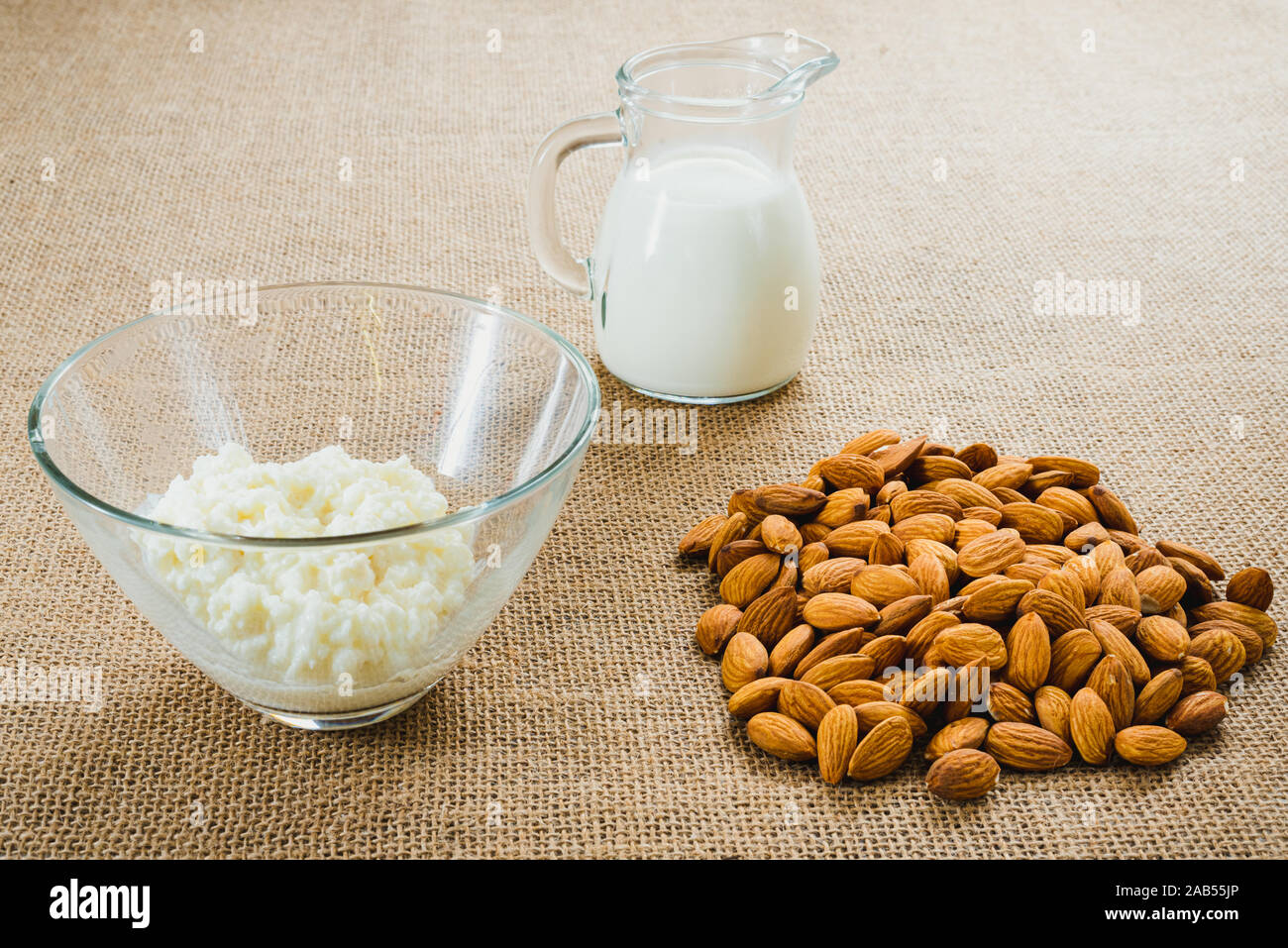 Natural and organic almond milk kefir, on sackcloth background Stock Photo Alamy