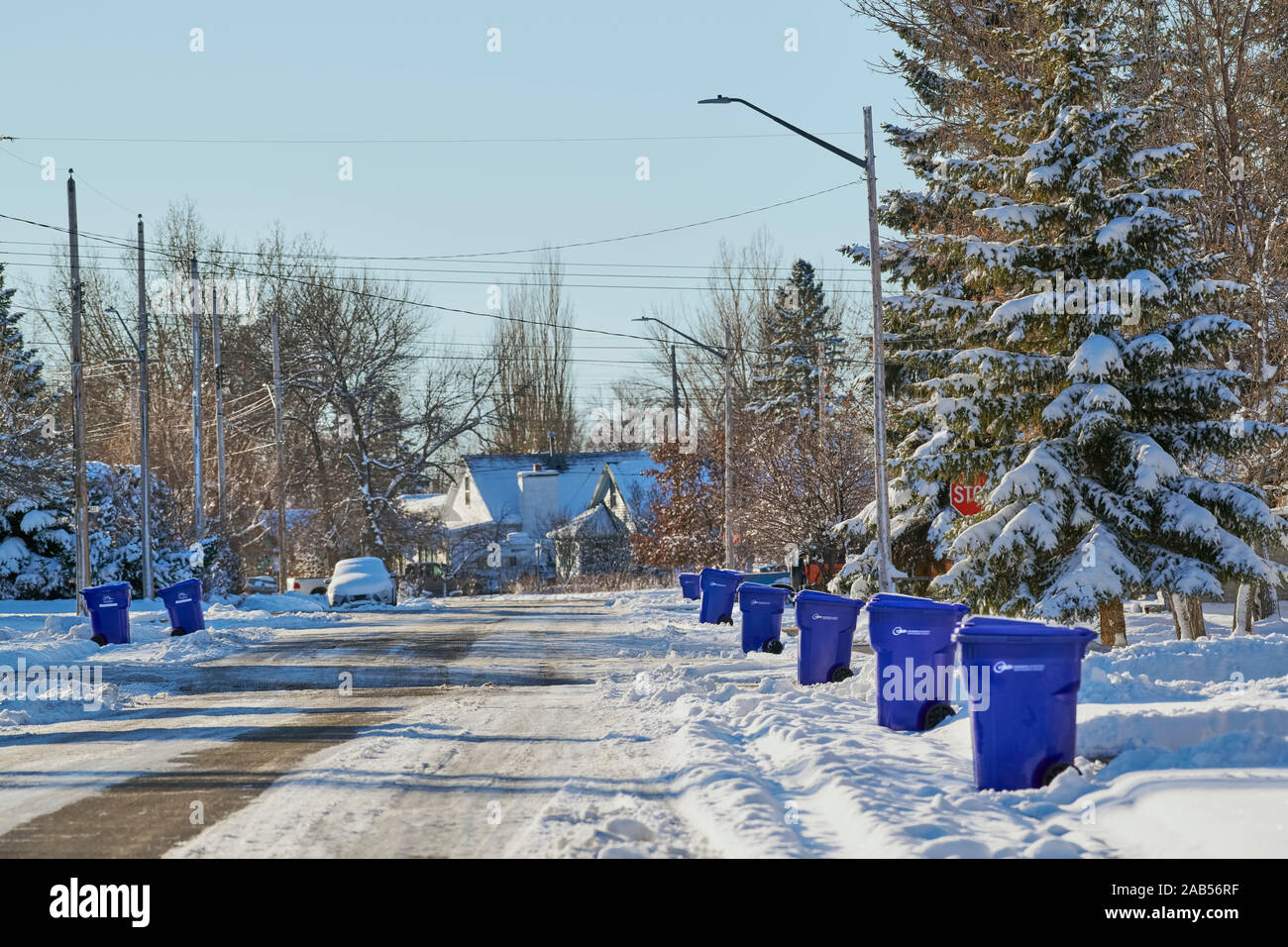 Environmental 360 Solutions was just awarded the contract in 2019 for recycle pick up in Claresholm Alberta. Bins are lined up waiting to be emptied. Stock Photo