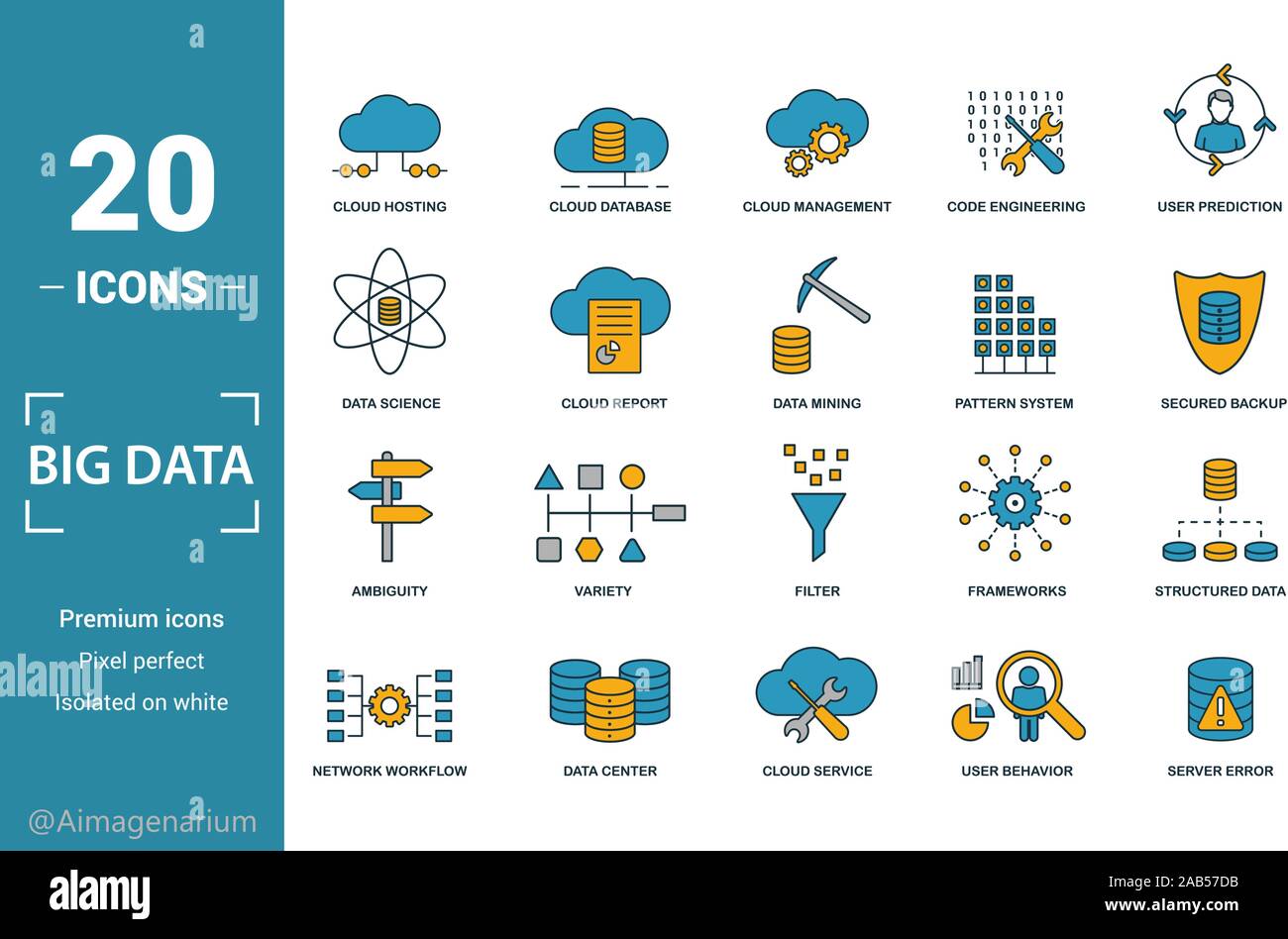 Big Data icon set. Include creative elements cloud hosting, cloud management, data science, pattern system, ambiguity icons. Can be used for report Stock Vector