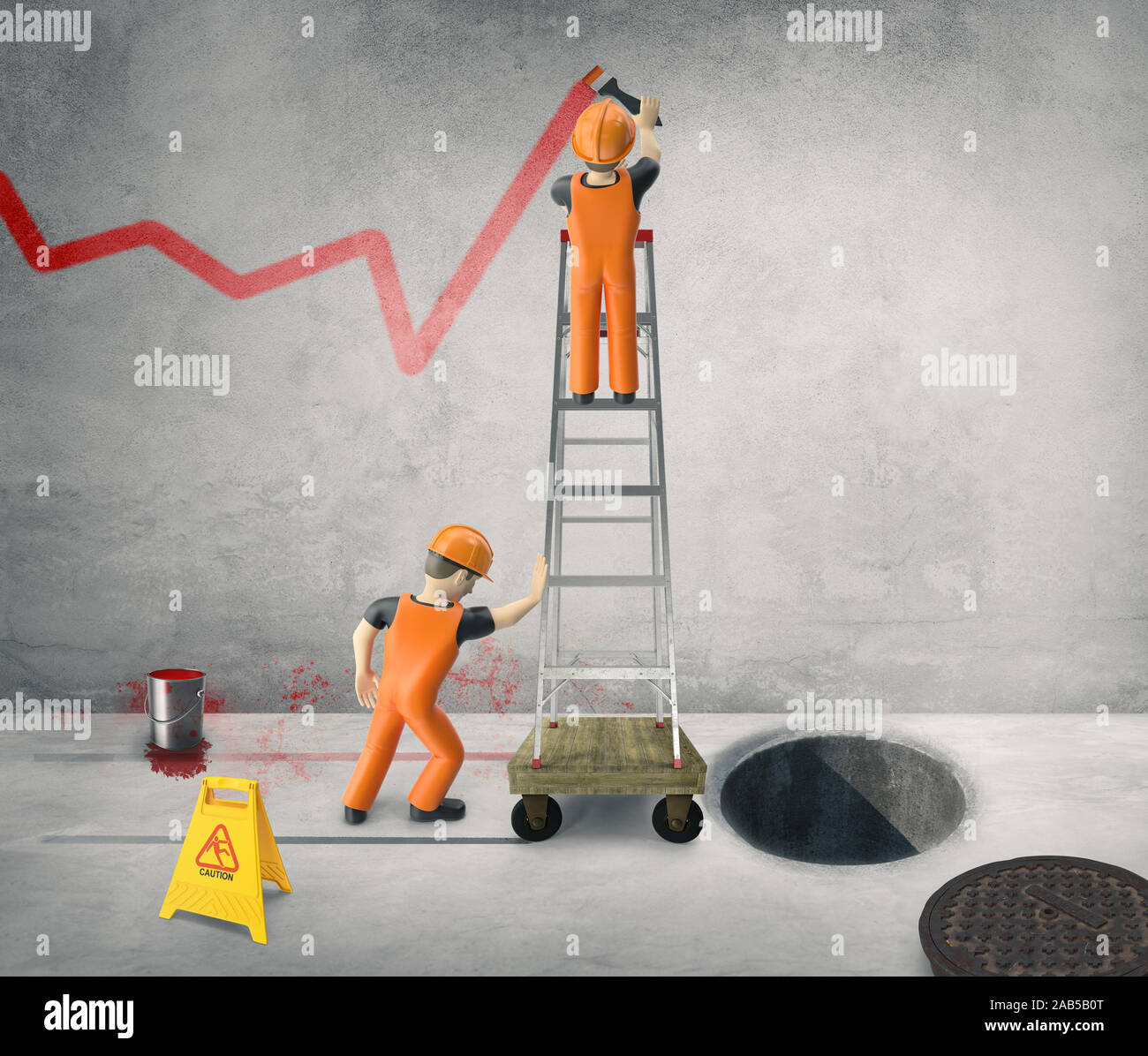 Workers paint the business cycle on the wall- 3D-Illustration. 3D-Illustration, Stock Photo