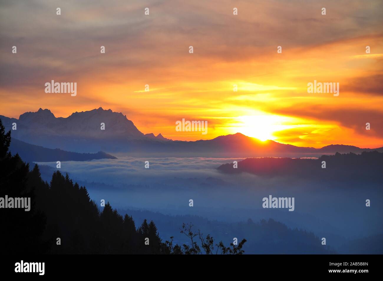 View from the high plateau Hagspiel in the Allgäu near Oberstaufen to the massif of Säntis (2501 m) in the Appenzell Alps in Switzerland Stock Photo