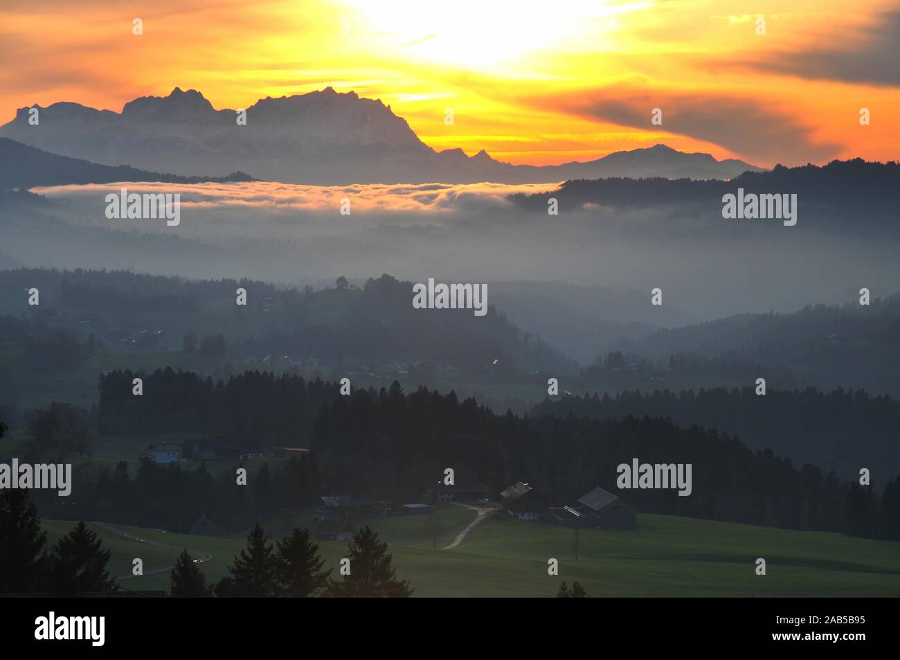 View from the high plateau Hagspiel in the Allgäu near Oberstaufen to the massif of Säntis (2501 m) in the Appenzell Alps in Switzerland Stock Photo