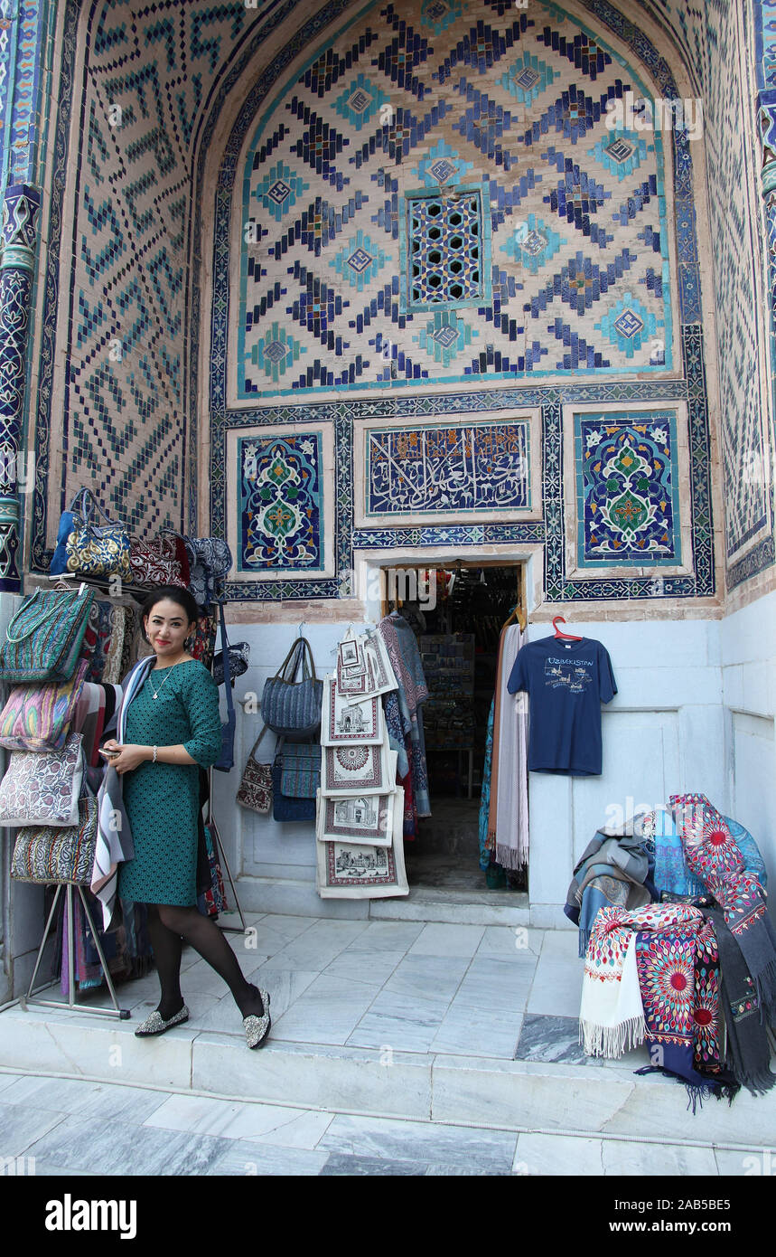 Souvenir shop inside the Registan at Samarkand Stock Photo