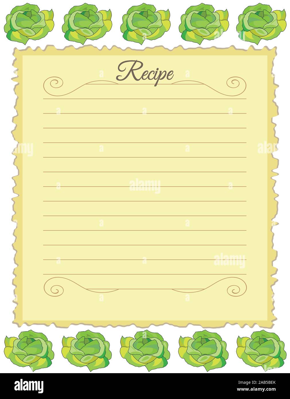 Paper for recipes. Form for recipes. Notebook paper with cabbage