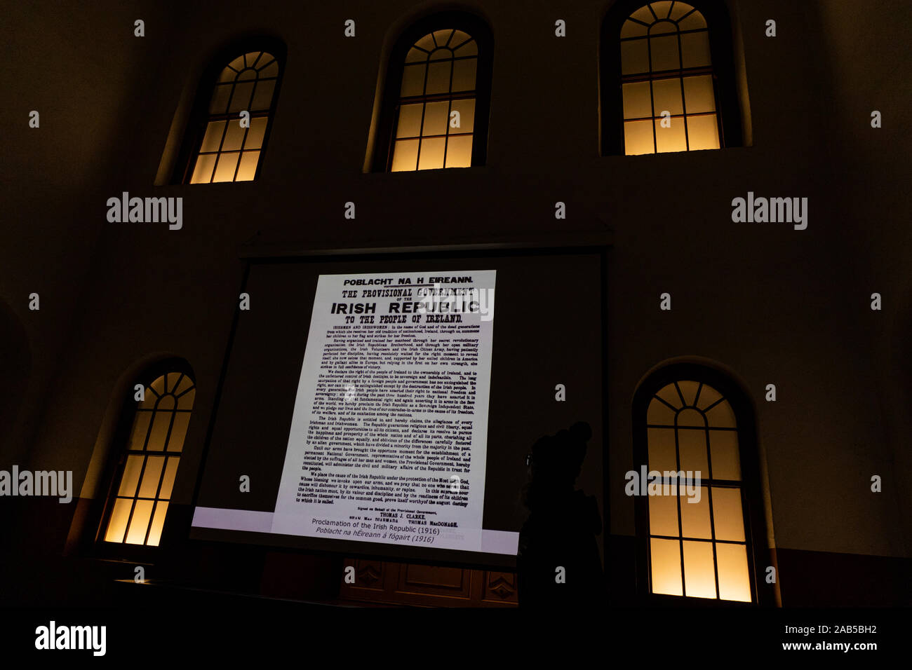 Projection of the Proclomation of The Republic as published in 1916, shown as part of an audio visual show in Kilmainham gaol museum, Dublin, Ireland Stock Photo