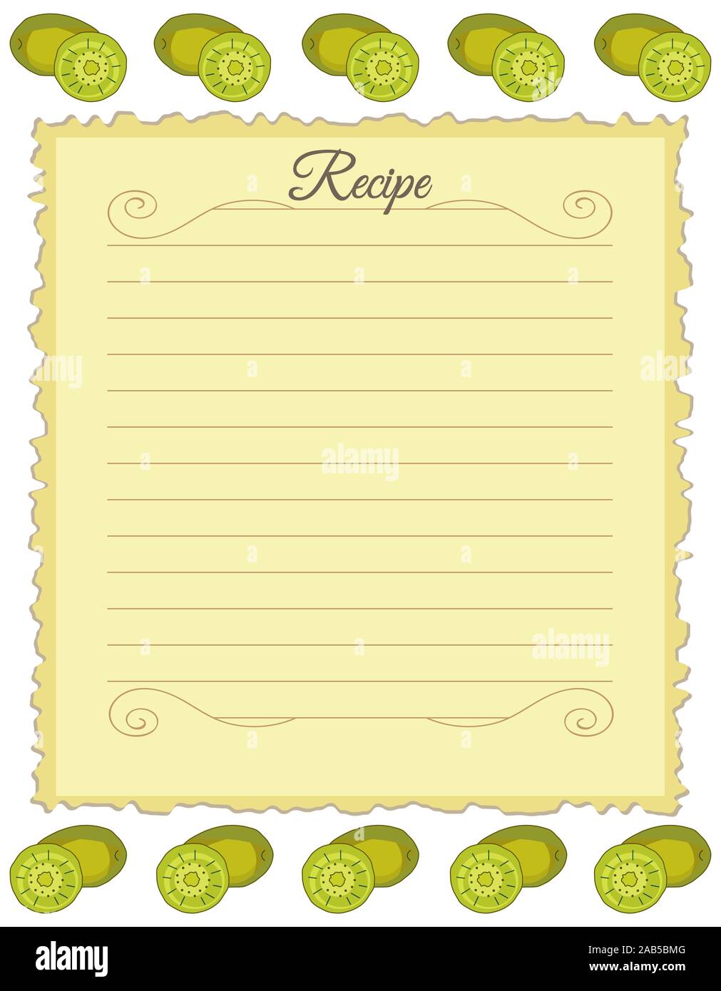Paper for recipes. Form for recipes. Notebook paper with kiwi ornament. Vintage paper Stock Vector