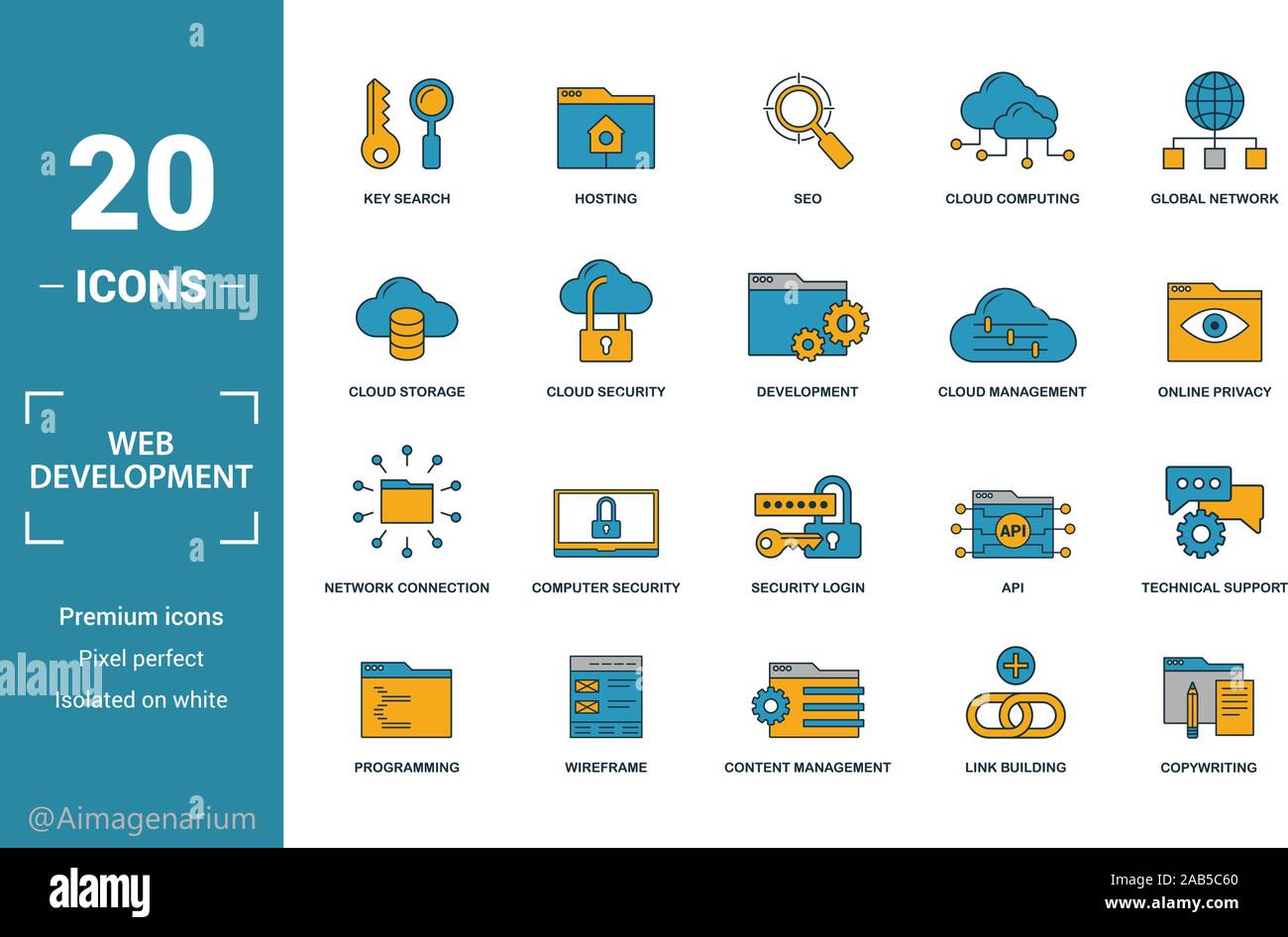 Web Development icon set. Include creative elements key search, seo, cloud storage, cloud management, network connection icons. Can be used for report Stock Vector