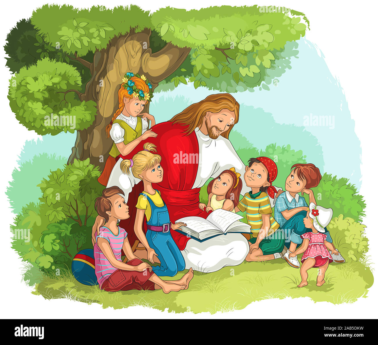 Jesus reading the Bible with Children. Christian cartoon illustration Stock  Photo - Alamy