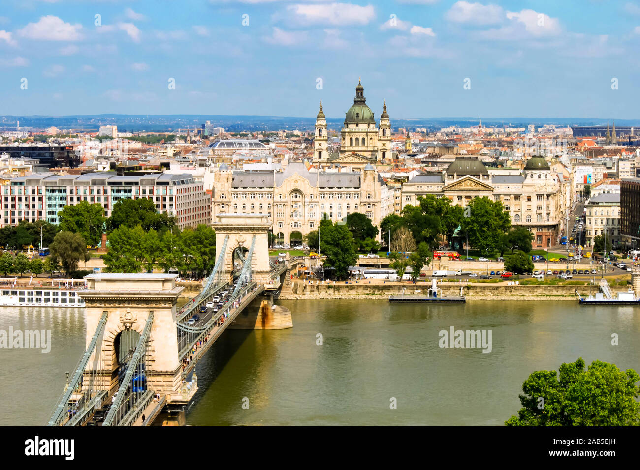 BUDAPEST, HUNGARY 29 JULY 2019: beautiful view of Chain Secheny Bridge over Danube River, Gresham Palace and Saint Stephen's Basilica from Buda Castle Stock Photo