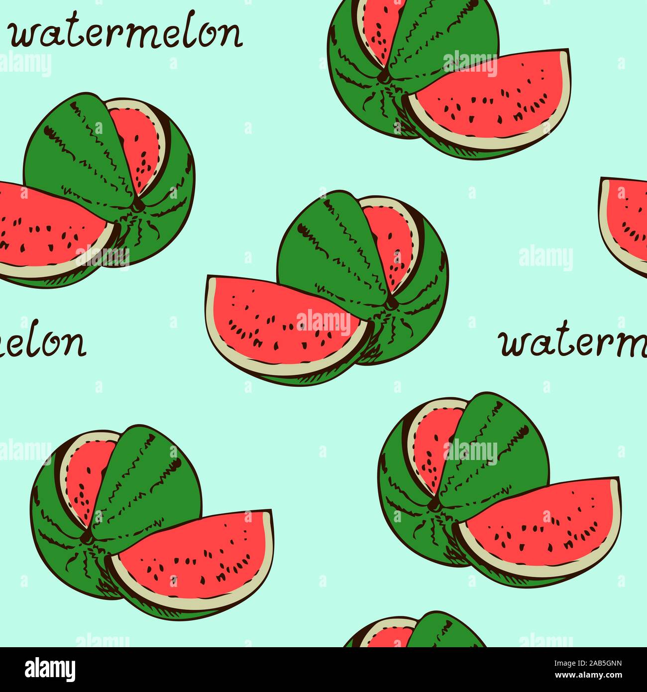 Watermelon seamless pattern, fruit isolated on white background with handwritten text Stock Vector