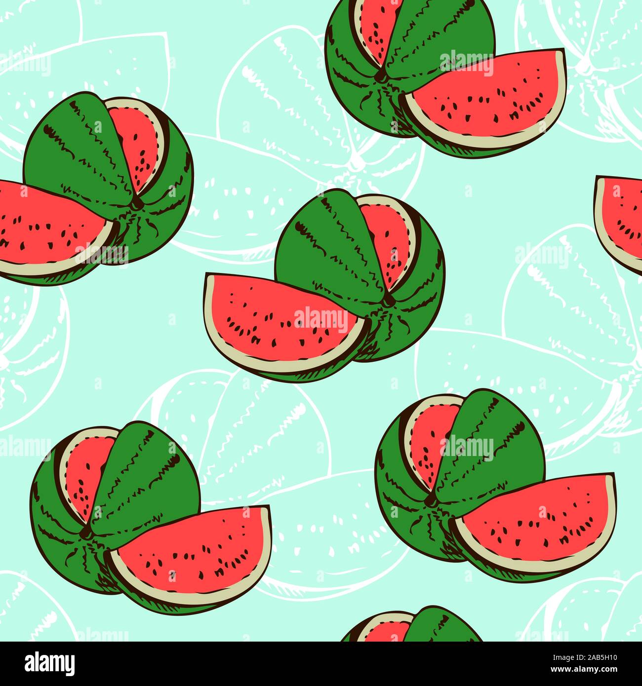 Watermelon seamless vector pattern, fruit background with hand drawn watermelon sketch Stock Vector