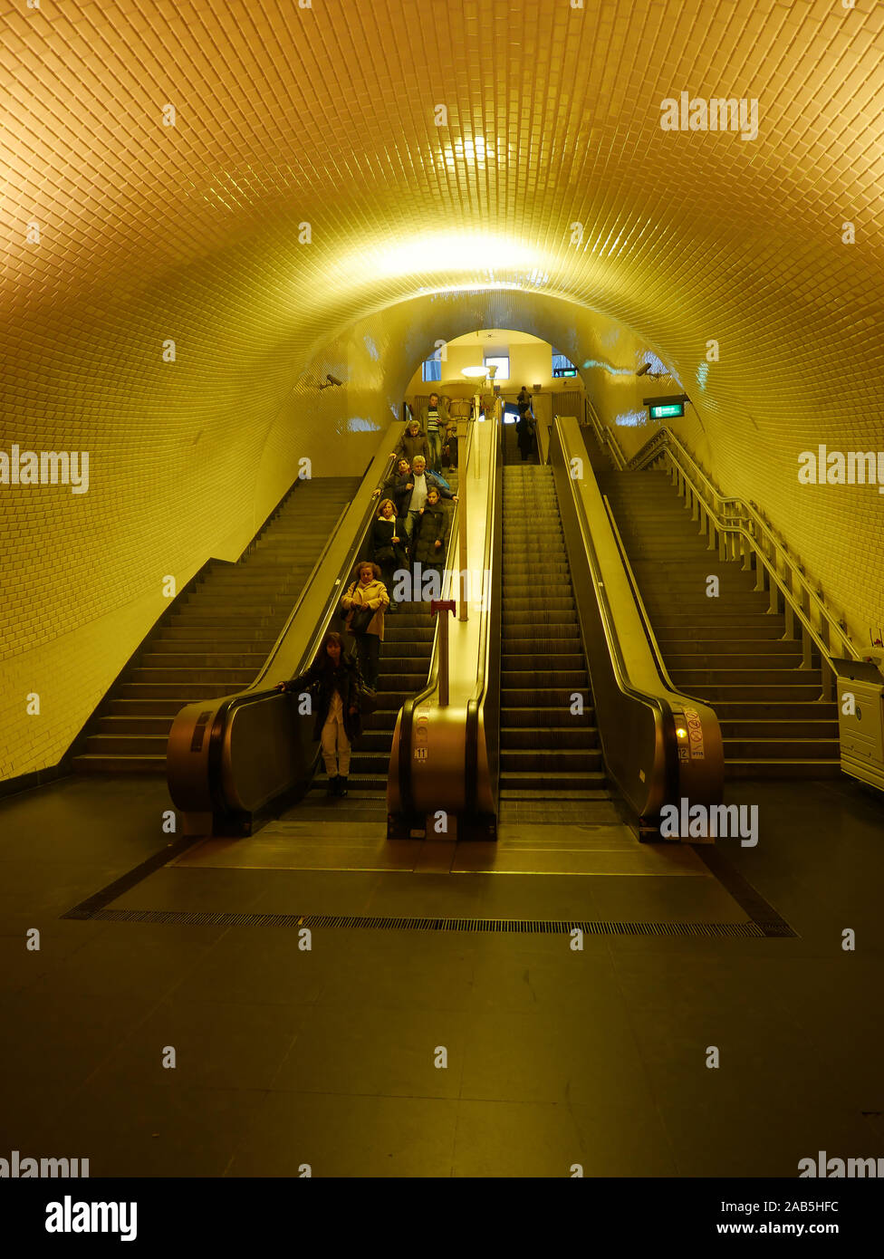 Baixa-Chiado escalators seen from below leading to the Metro in Lisbon, Portugal Stock Photo