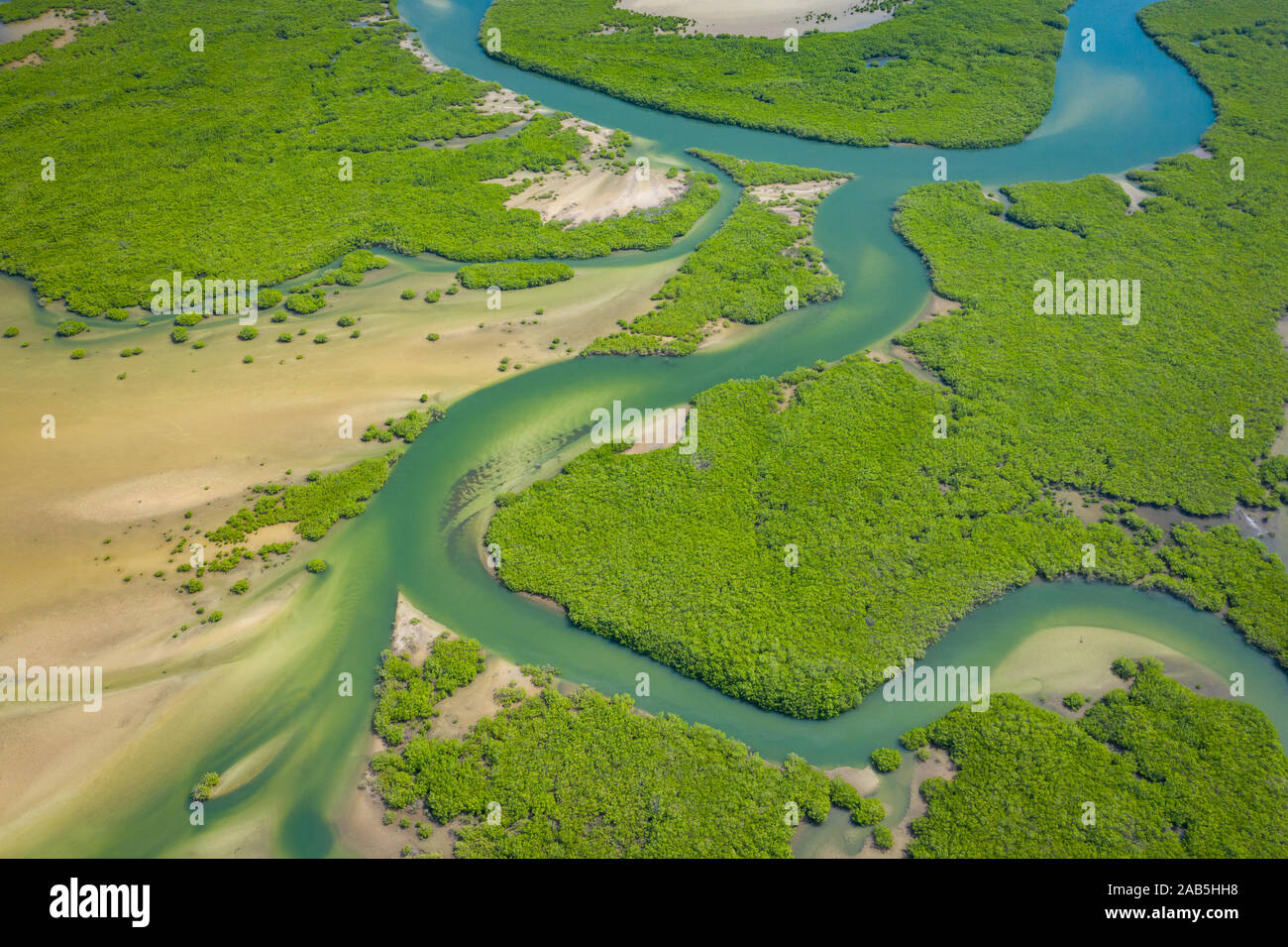 Aerial view of mangrove forest in the  Saloum Delta National Park, Joal Fadiout, Senegal. Photo made by drone from above. Africa Natural Landscape. - Stock Image