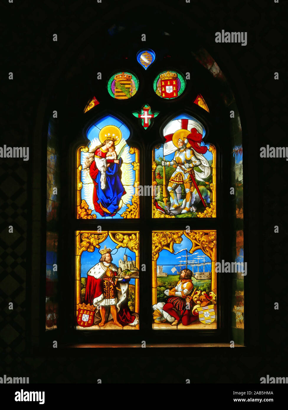 Stained glass window in the Pena Palace at Sintra near Lisbon, Portugal Stock Photo