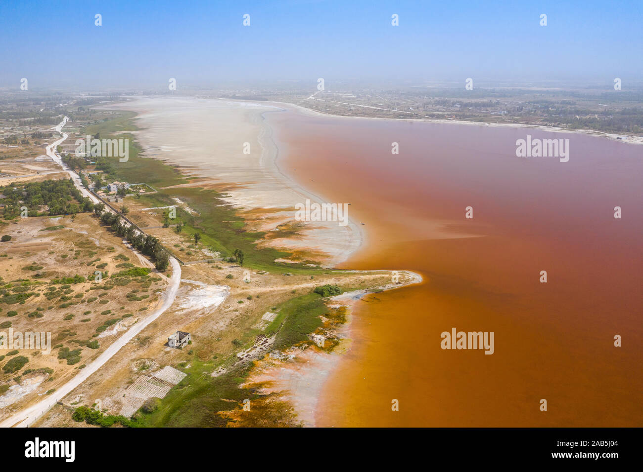 Aerial view of the pink Lake Retba or Lac Rose in Senegal. Photo made ...