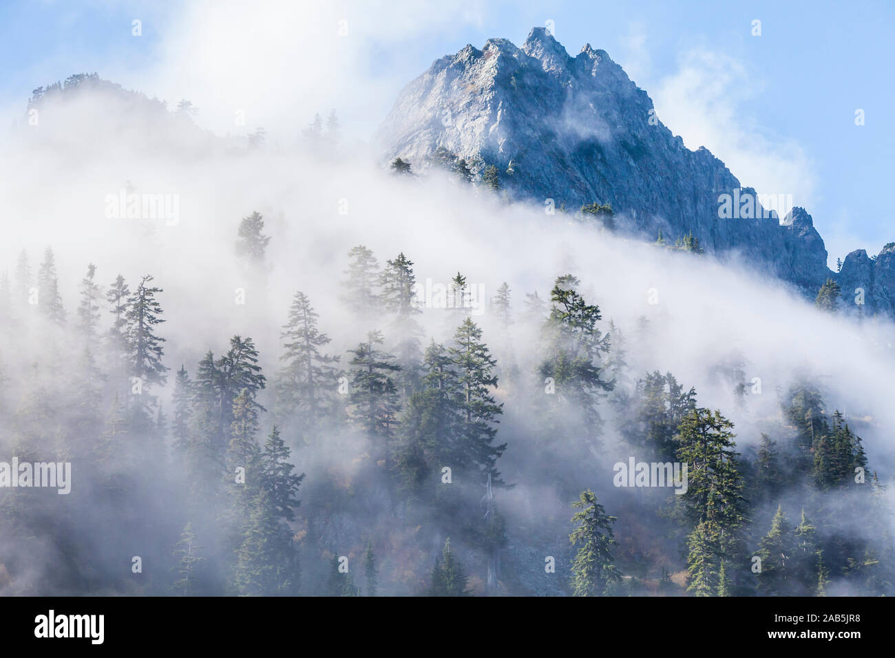 Low Clouds Drift Through The Forest And Mountains Chair Peak Near Snow Lake At Snoqualmie Pass In The Central Cascades Of Washington State Usa Stock Photo Alamy