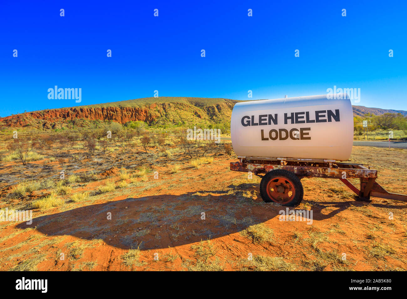 Glen Helen, Northern Territory, Australia - Aug 17, 2019: Glen Helen Lodge sign along Red Centre Way is only accommodation in Tjoritja - West Stock Photo