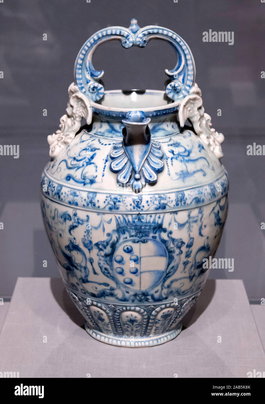 Porcelain Ewer (brocca), Medici Manufactory between 1575 and 1578, soft paste porcelain with blue underglaze and manganese decoration. The ewer is one of the first European made porcelain objects. Stock Photo