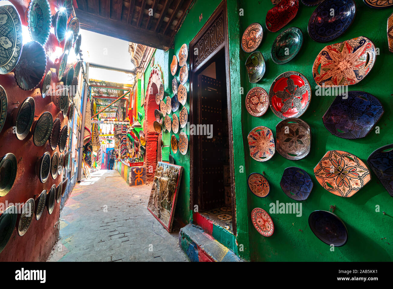 Fez, Morocco. November 9, 2019.  stalls of handcraft pottery sellers in the medina Stock Photo