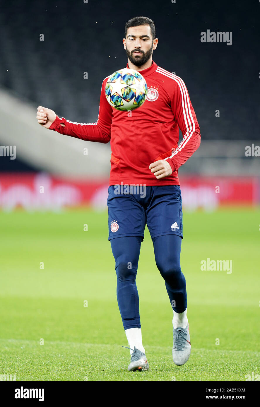 Olympiakos' Yassine Meriah during the training session at Tottenham Hotspur Stadium, London. Stock Photo